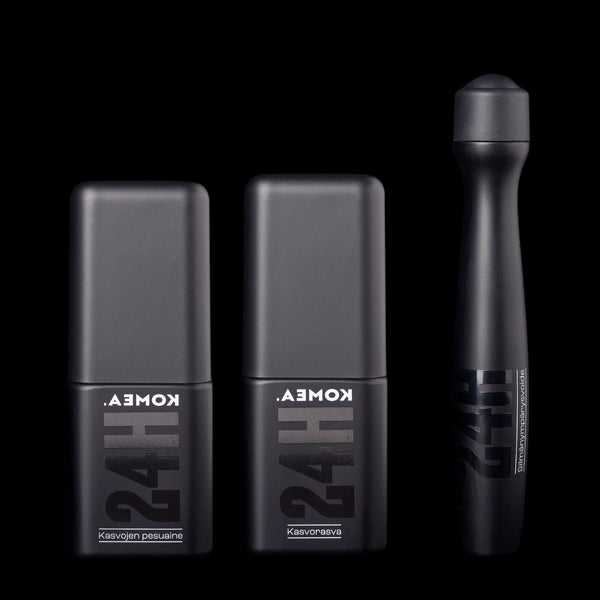 KOMEA matkakokoiset ihonhoitotuotteet miehille, kasvojen pesuaine, kasvorasva ja silmänympärysvoide yhdessä pakkauksessa.